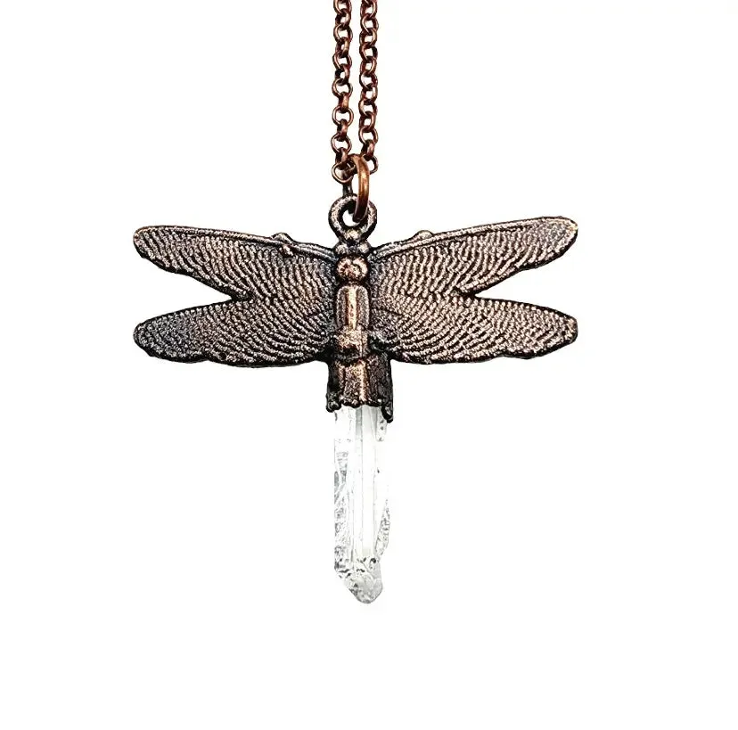 Quartz Crystal Dragonfly Necklace - Copper