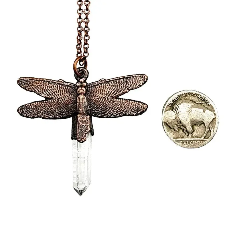 Quartz Crystal Dragonfly Necklace - Copper