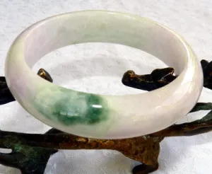 "Bliss" White with Lavender Hues, Big Green Vein "Old Mine" Burmese Jade Bangle Bracelet  59mm (BB-2927)