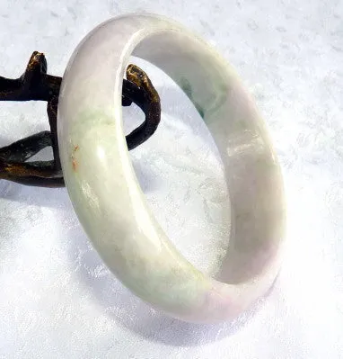 "Bliss" White with Lavender Hues, Big Green Vein "Old Mine" Burmese Jade Bangle Bracelet  59mm (BB-2927)