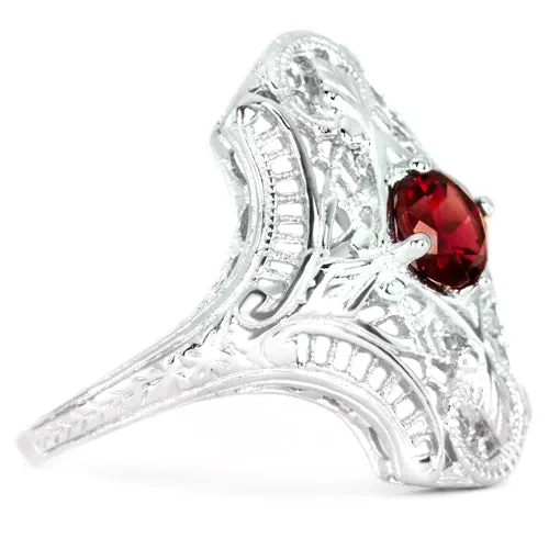 RED GARNET STERLING SILVER VINTAGE STYLE COCKTAIL RING ART DECO FILIGREE NAVETTE