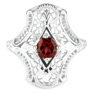 RED GARNET STERLING SILVER VINTAGE STYLE COCKTAIL RING ART DECO FILIGREE NAVETTE