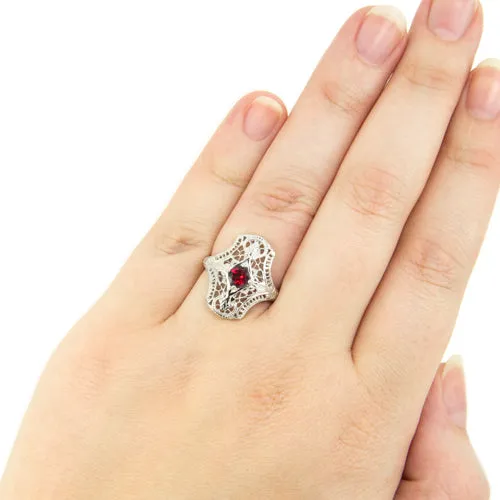 RED GARNET STERLING SILVER VINTAGE STYLE COCKTAIL RING ART DECO FILIGREE NAVETTE