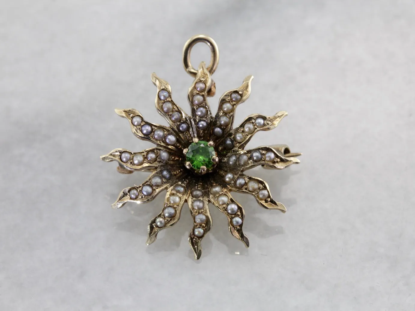 *RESERVED* Antique Seed Pearl Sunburst Pin or Pendant with Demantoid Garnet Center