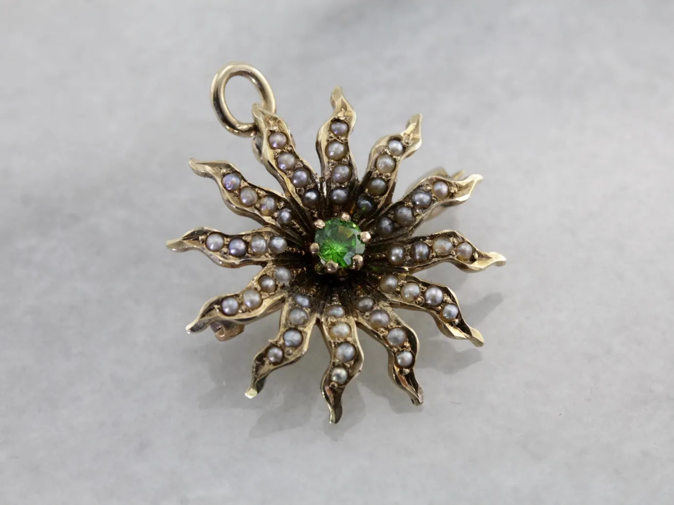 *RESERVED* Antique Seed Pearl Sunburst Pin or Pendant with Demantoid Garnet Center