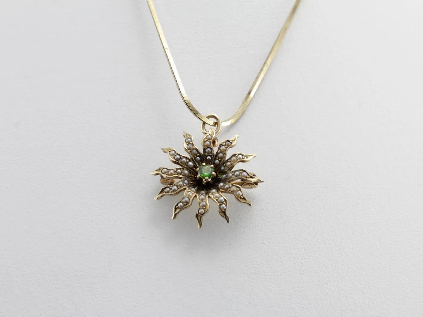 *RESERVED* Antique Seed Pearl Sunburst Pin or Pendant with Demantoid Garnet Center