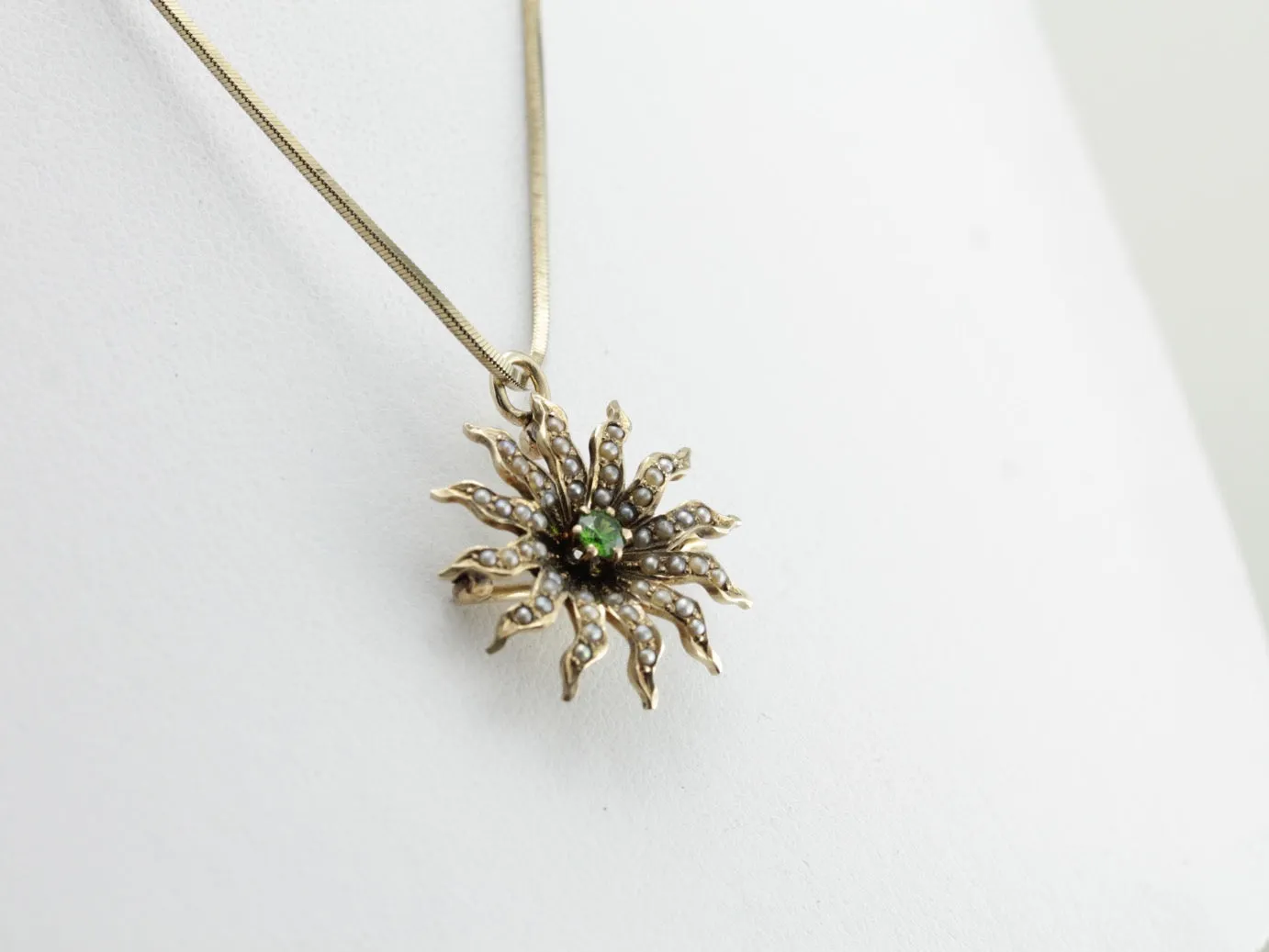 *RESERVED* Antique Seed Pearl Sunburst Pin or Pendant with Demantoid Garnet Center