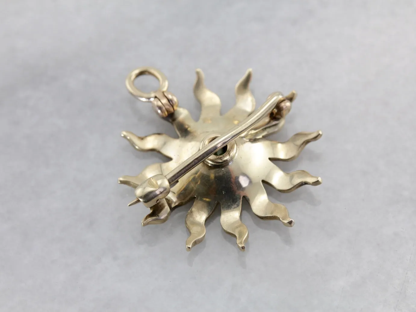 *RESERVED* Antique Seed Pearl Sunburst Pin or Pendant with Demantoid Garnet Center