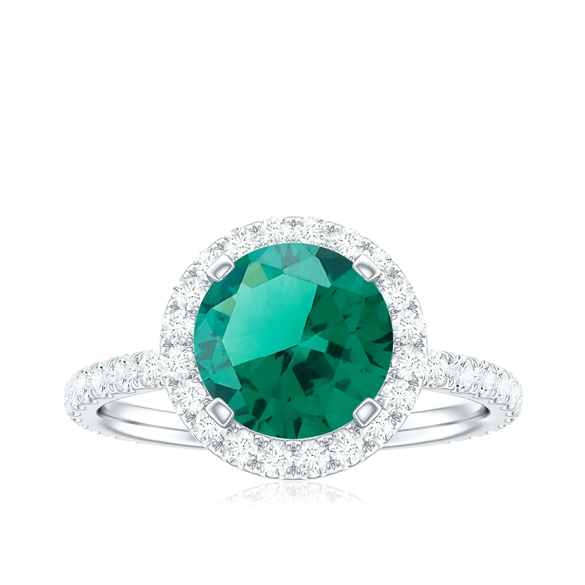 Round Created Emerald Classic Halo Engagement Ring with Moissanite