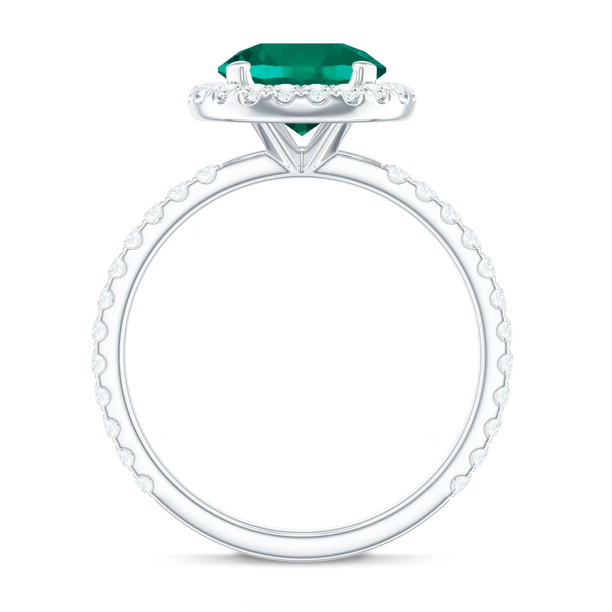 Round Created Emerald Classic Halo Engagement Ring with Moissanite