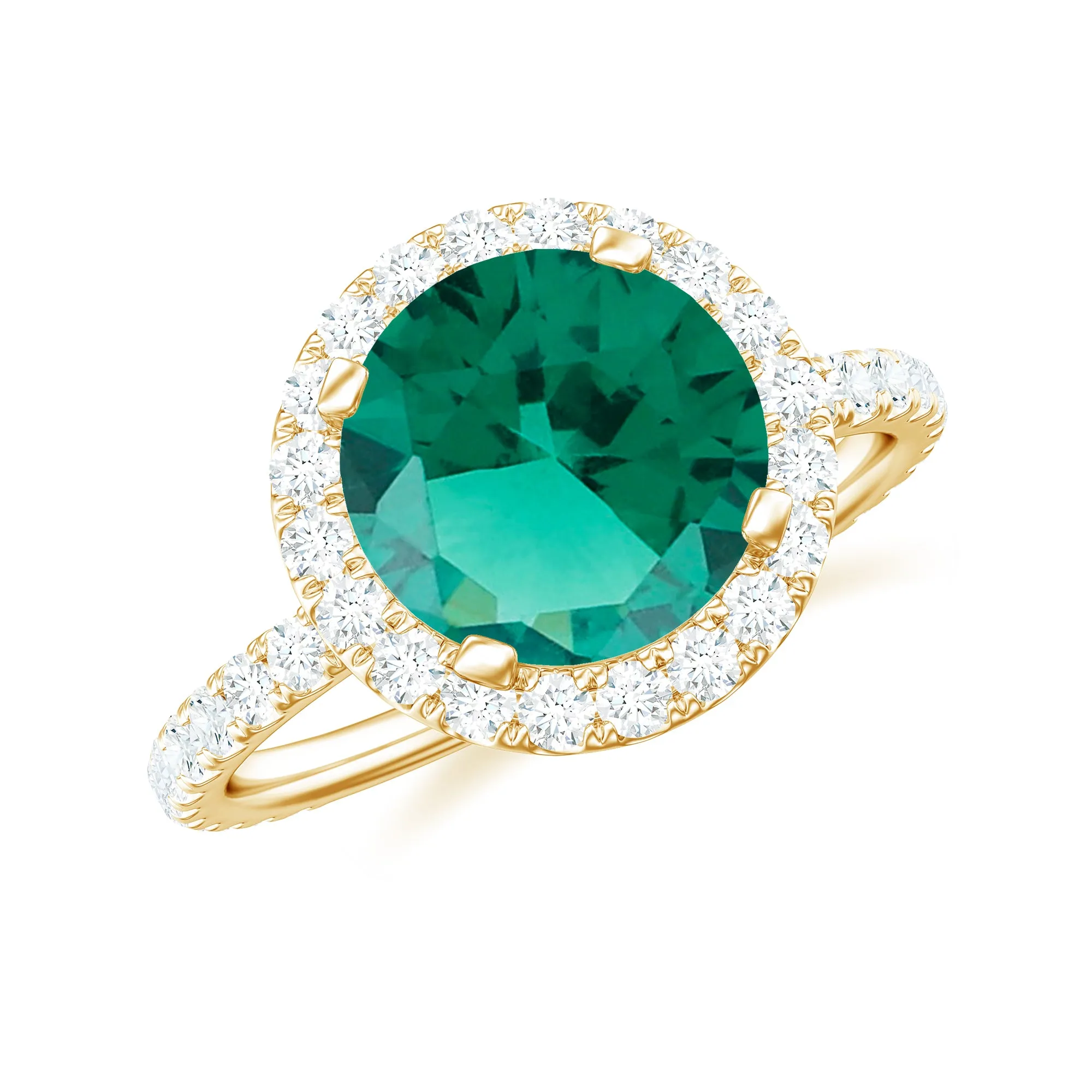 Round Created Emerald Classic Halo Engagement Ring with Moissanite