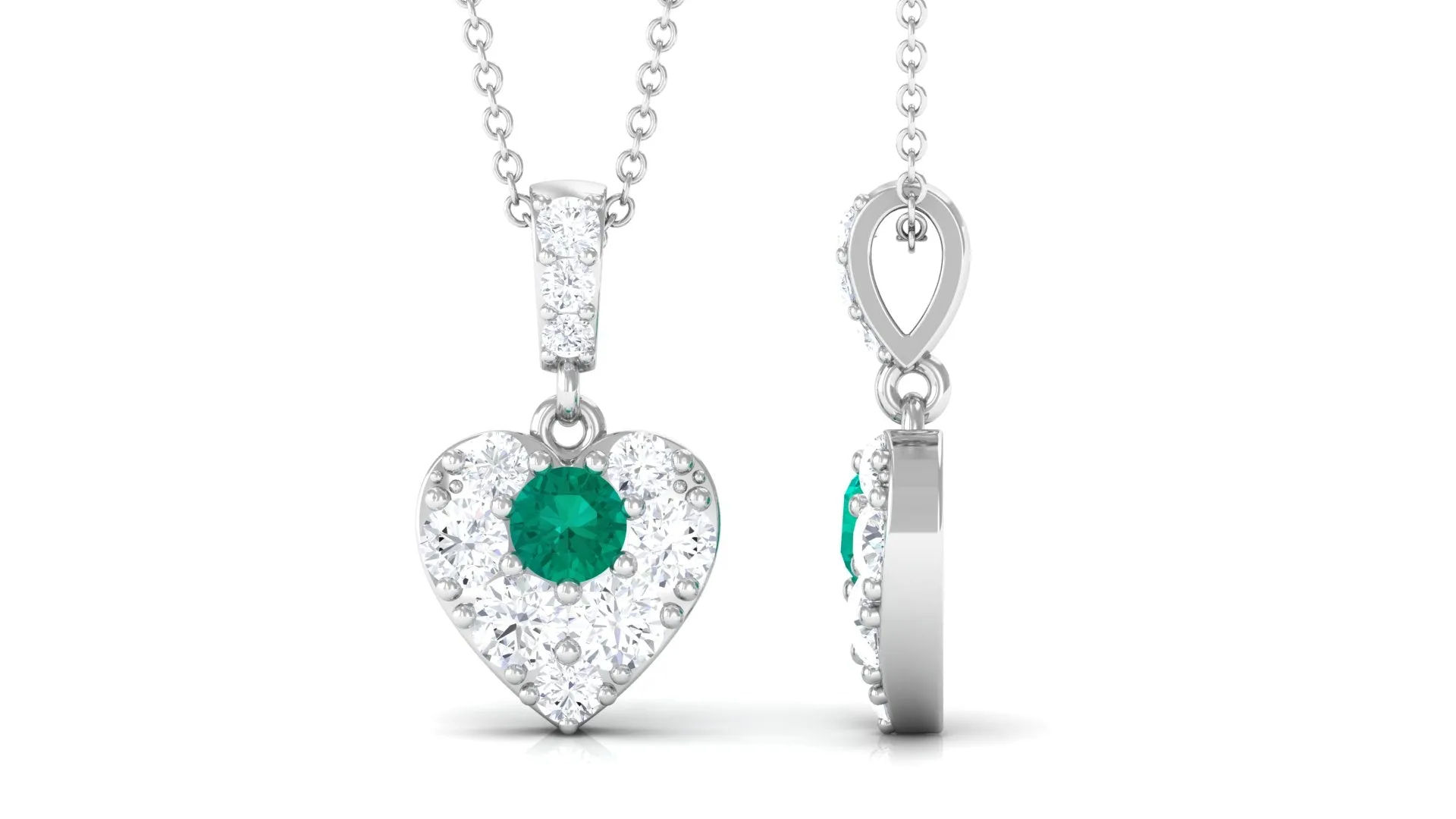 Round Emerald and Moissanite Heart Pendant with Decorative Bail