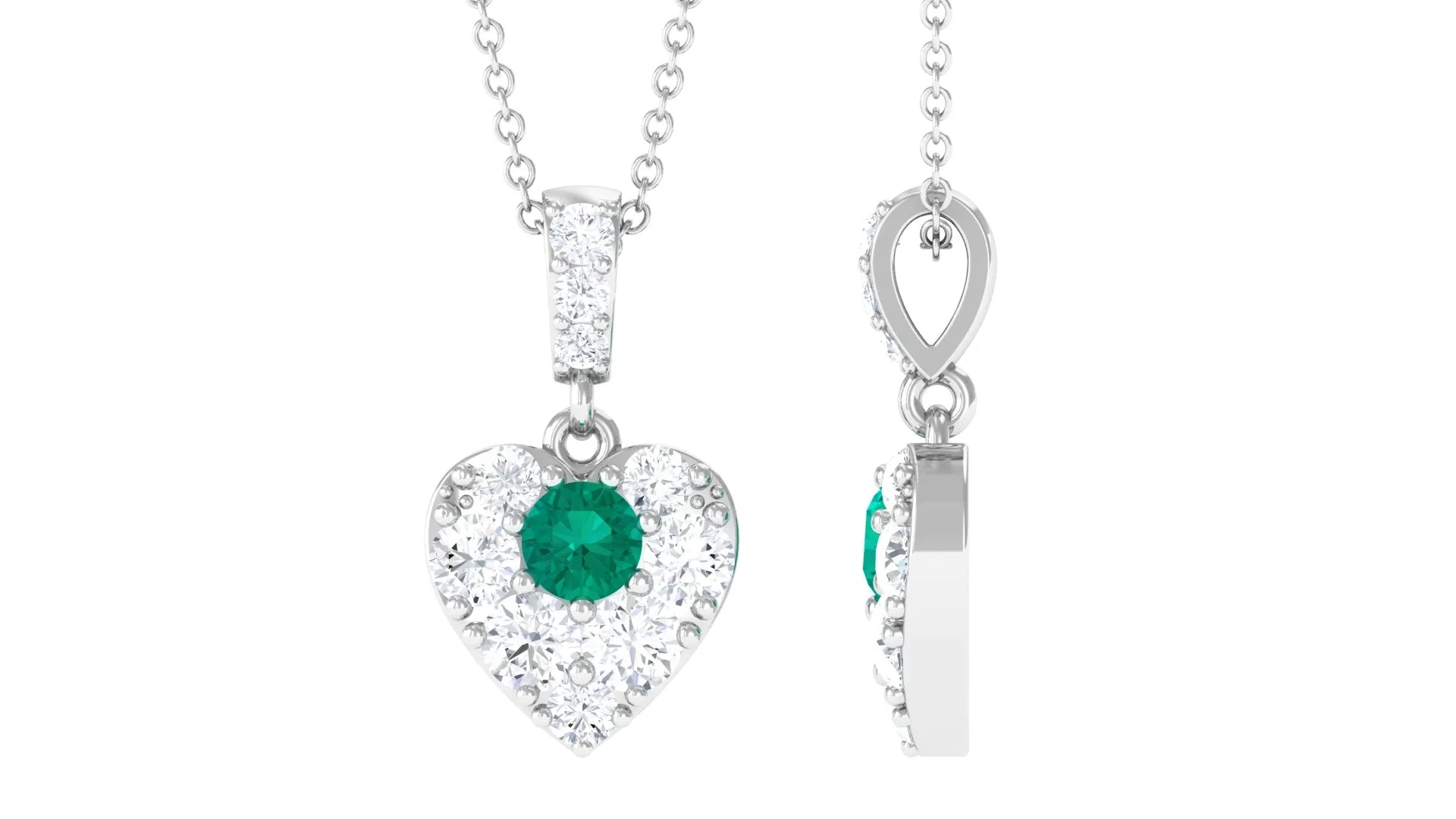 Round Emerald and Moissanite Heart Pendant with Decorative Bail