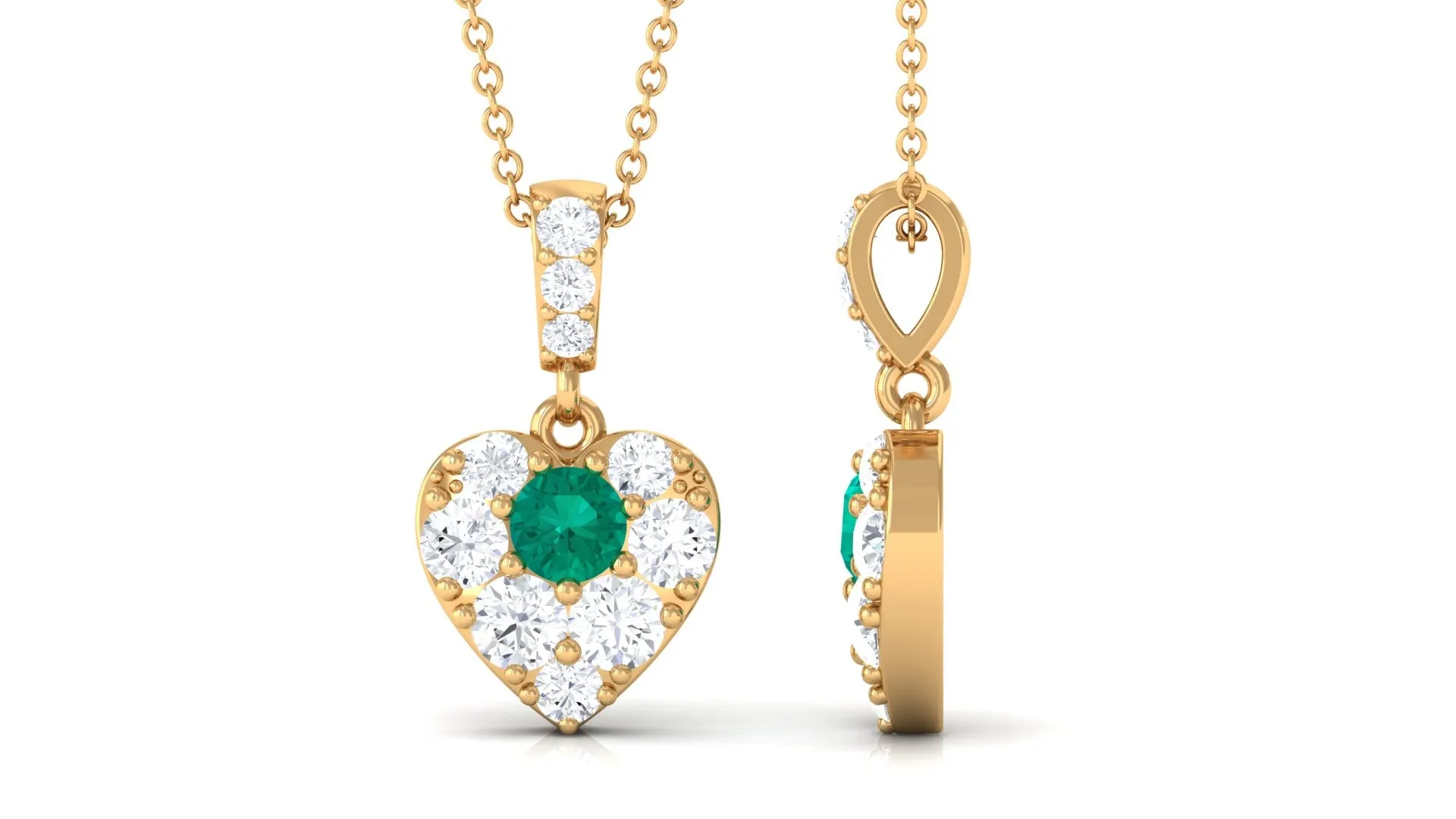 Round Emerald and Moissanite Heart Pendant with Decorative Bail