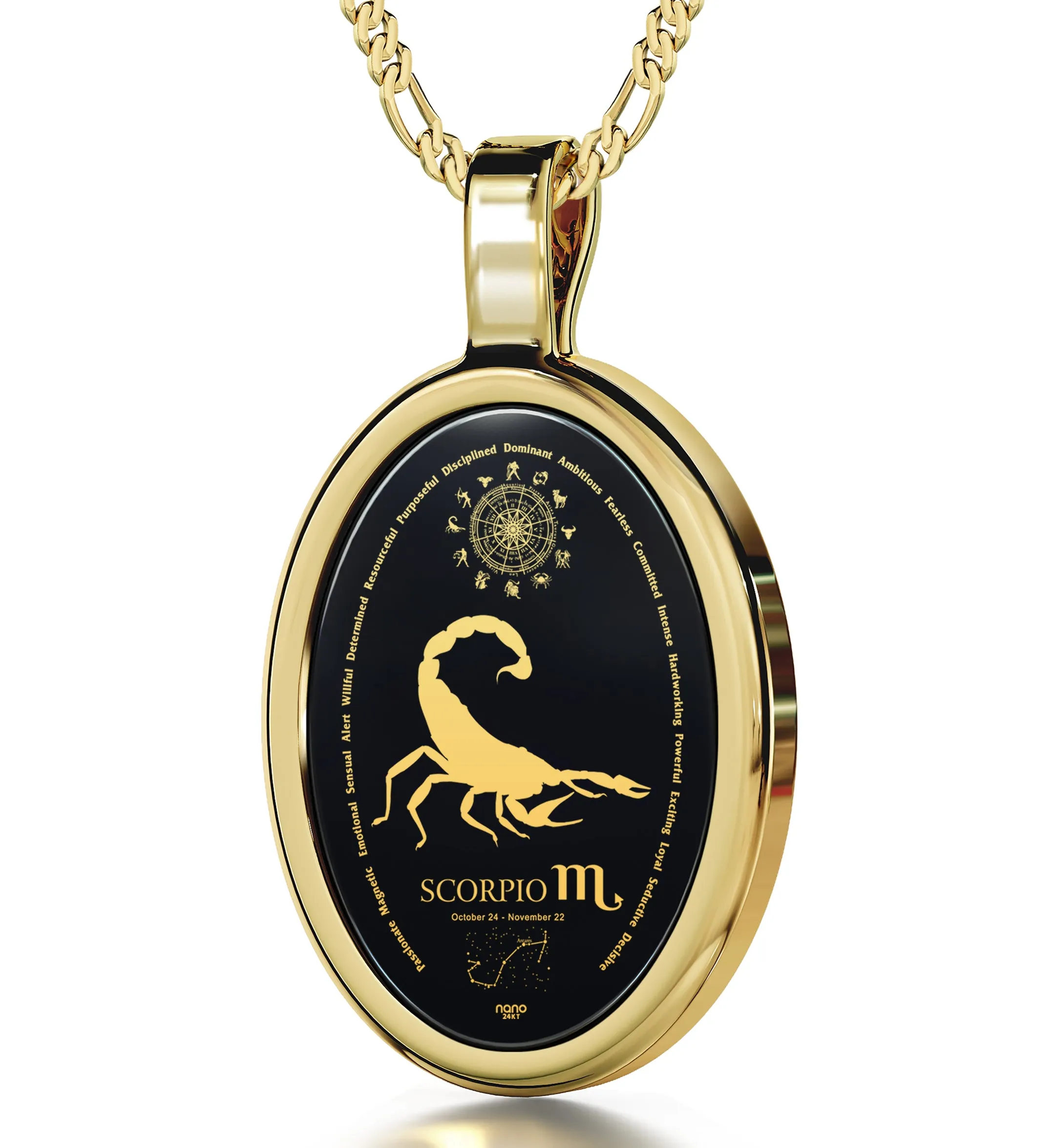 Scorpio Necklace Zodiac Pendant 24k Gold Inscribed on Onyx Stone