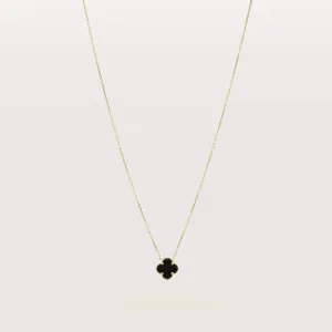 Single Onyx Four Leaf Clover Necklace - 14k Yellow Gold