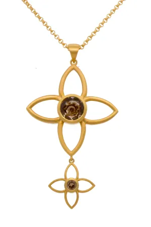 Smoky Quartz Joy Flower Double 40mm And 20mm  Pendant 24K Gold Vermeil