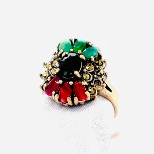 Sterling Silver Colorful Multi Stone Marcasite Ring