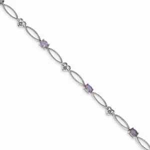 Sterling Silver Diamond & Amethyst Oval Diamond-Cut Bracelet