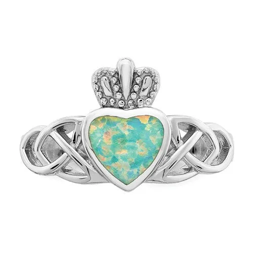 Sterling Silver Lab Created Opal Heart Crown Claddagh Ring