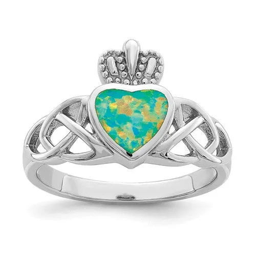 Sterling Silver Lab Created Opal Heart Crown Claddagh Ring