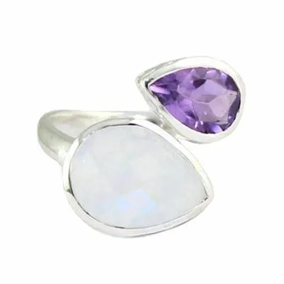 Sterling Silver Rainbow Moonstone and Amethyst Pear ByPass Ring