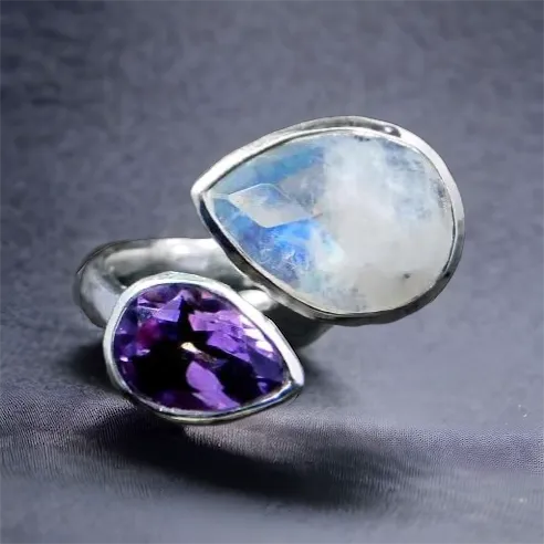 Sterling Silver Rainbow Moonstone and Amethyst Pear ByPass Ring