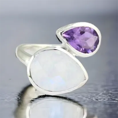 Sterling Silver Rainbow Moonstone and Amethyst Pear ByPass Ring