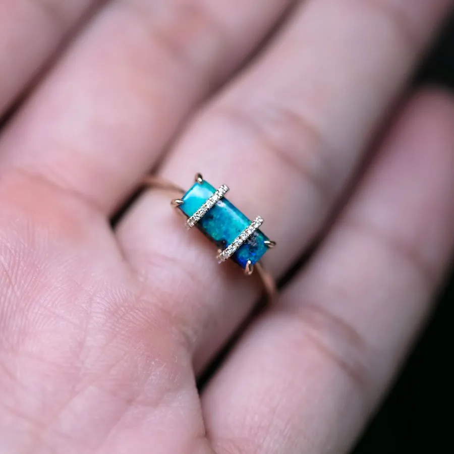 The Rectangle - Australian Boulder Opal & Diamond Engagement Ring 18K Gold