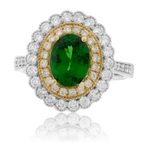 Tsavorite Garnet and Diamond Double Halo Ring