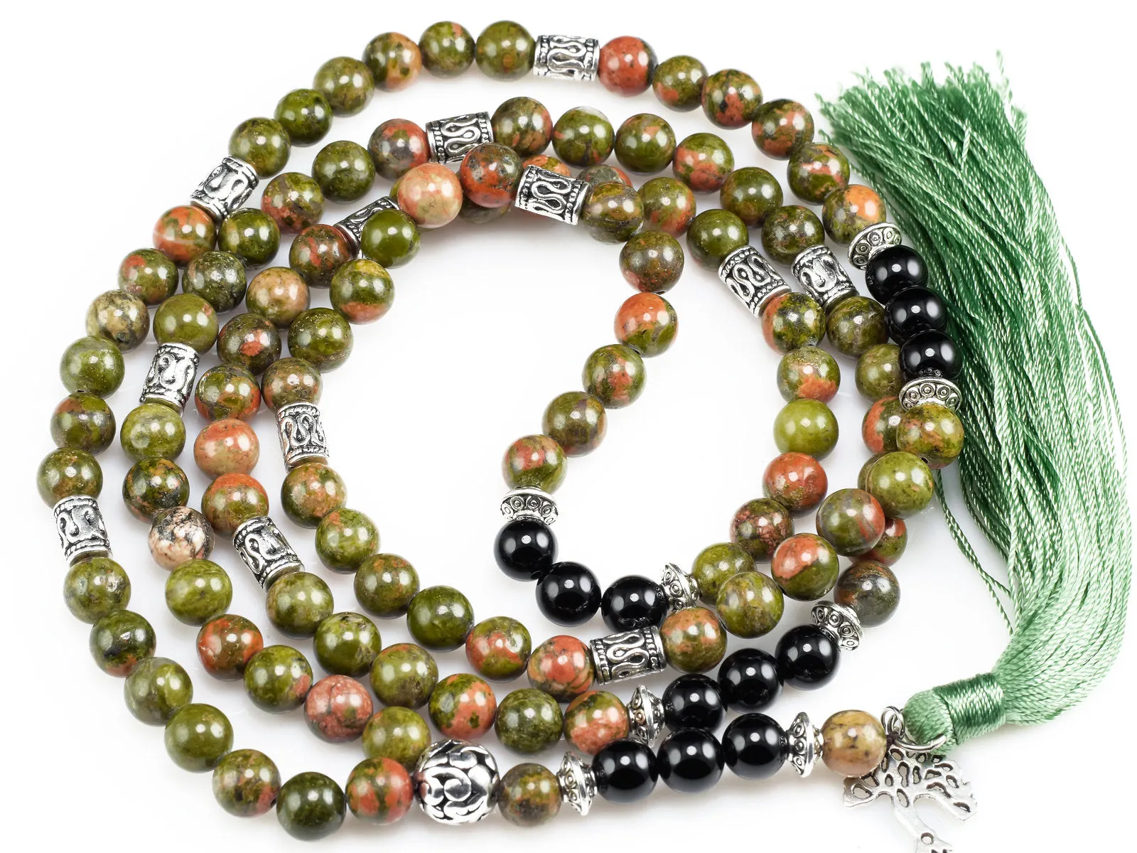 UNAKITE & BLACK ONYX Crystal Necklace, Mala - Beaded Necklace, Handmade Jewelry, Healing Crystals and Stones, E0980