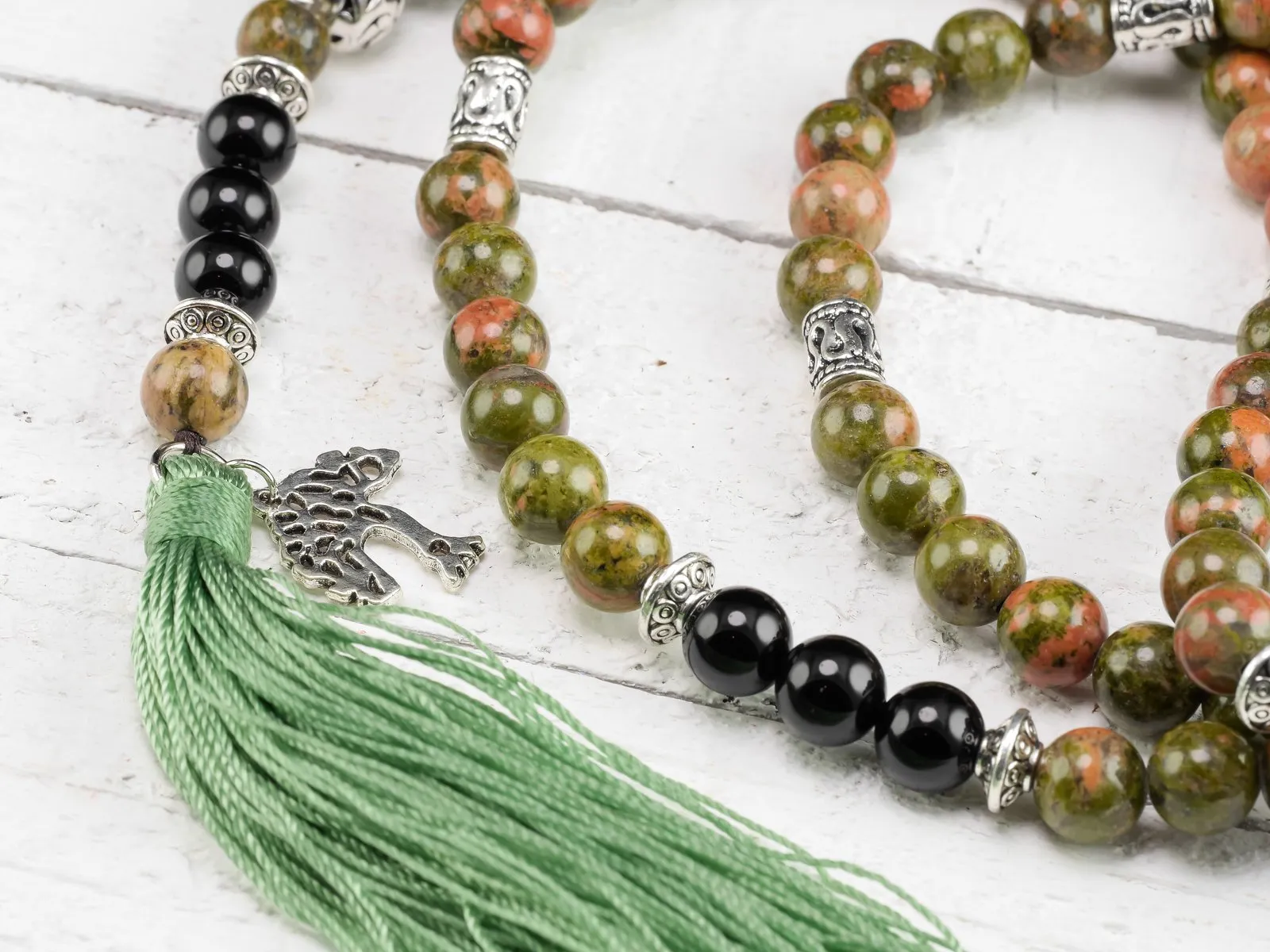 UNAKITE & BLACK ONYX Crystal Necklace, Mala - Beaded Necklace, Handmade Jewelry, Healing Crystals and Stones, E0980