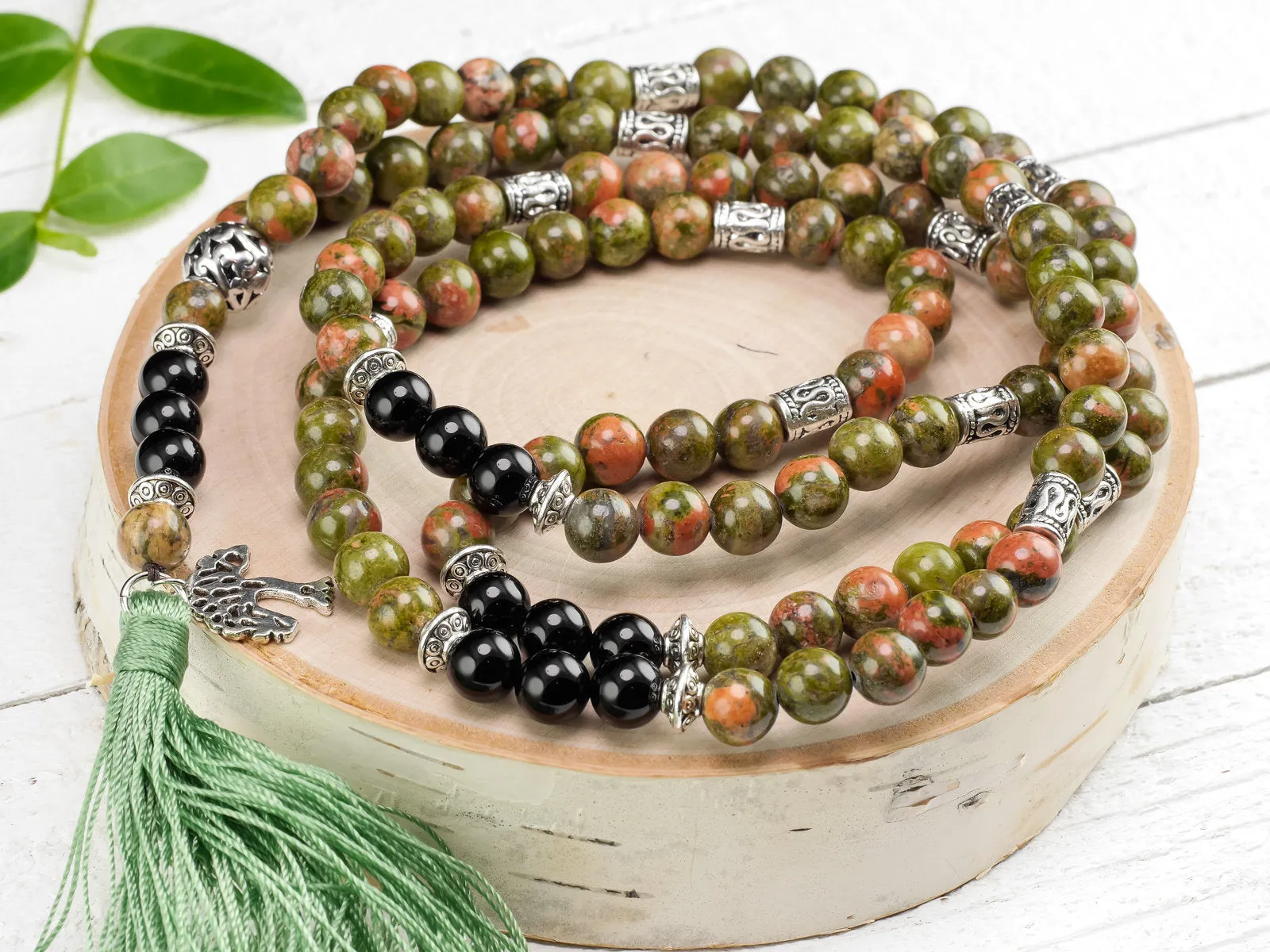 UNAKITE & BLACK ONYX Crystal Necklace, Mala - Beaded Necklace, Handmade Jewelry, Healing Crystals and Stones, E0980