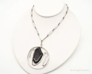 Vintage Black Onyx Modernist Silver Chain Necklace