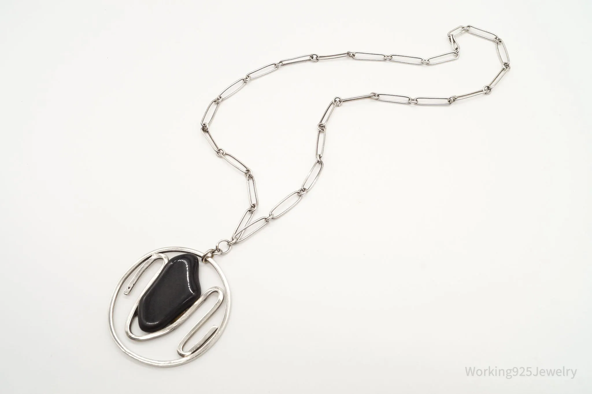 Vintage Black Onyx Modernist Silver Chain Necklace