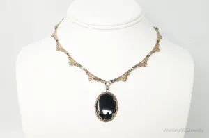 Vintage Designer Symmetalic Black Onyx 14K Gold Sterling Silver Necklace