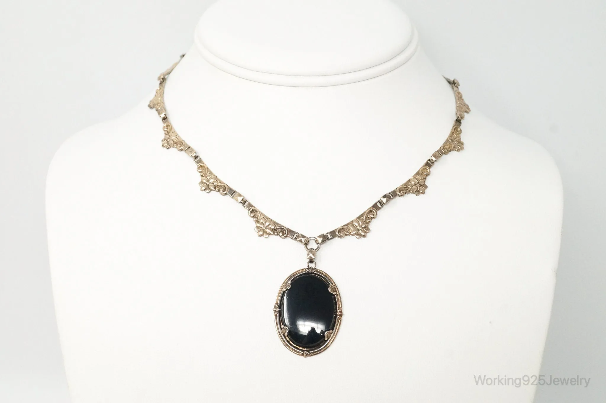 Vintage Designer Symmetalic Black Onyx 14K Gold Sterling Silver Necklace