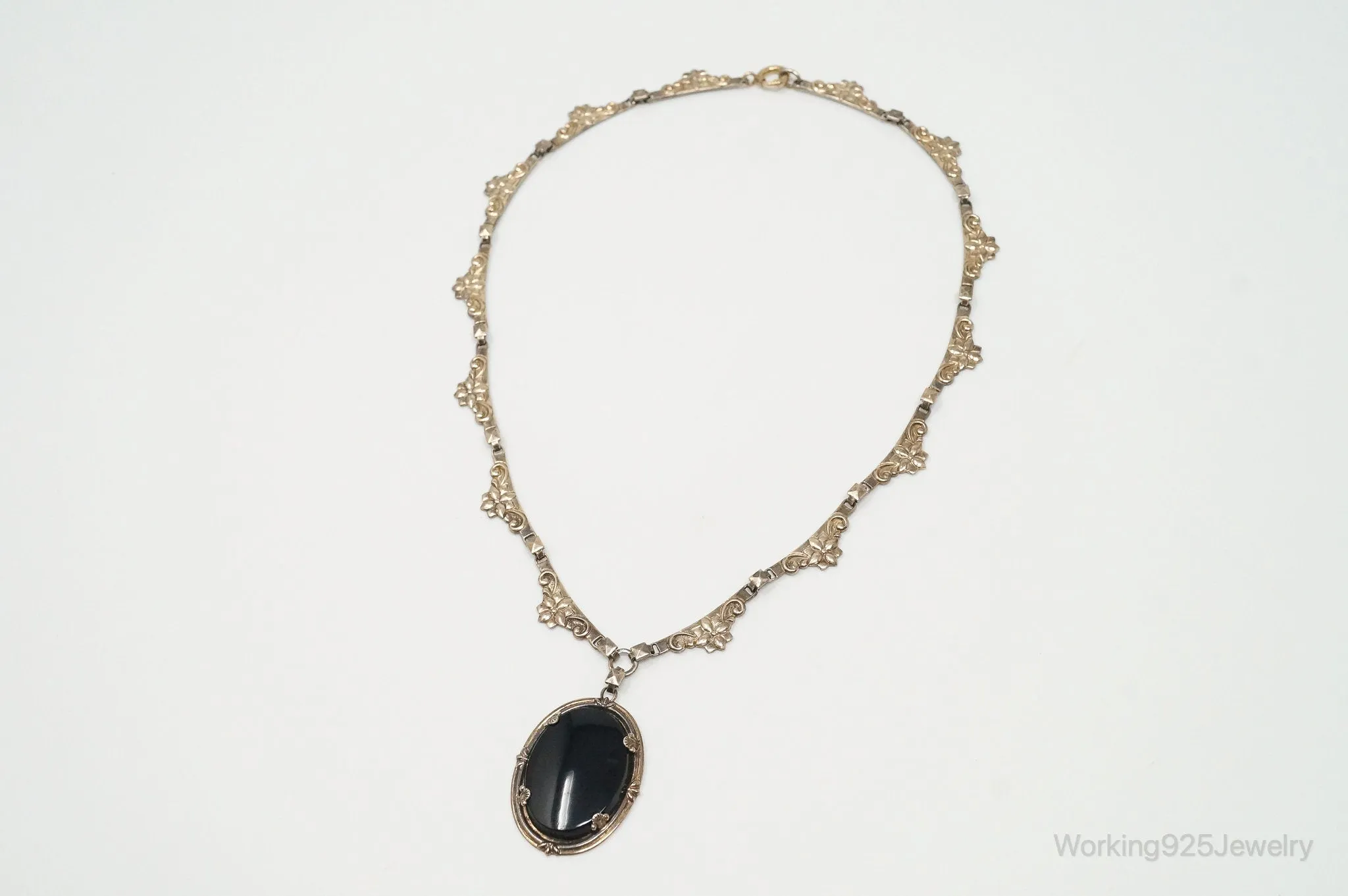 Vintage Designer Symmetalic Black Onyx 14K Gold Sterling Silver Necklace