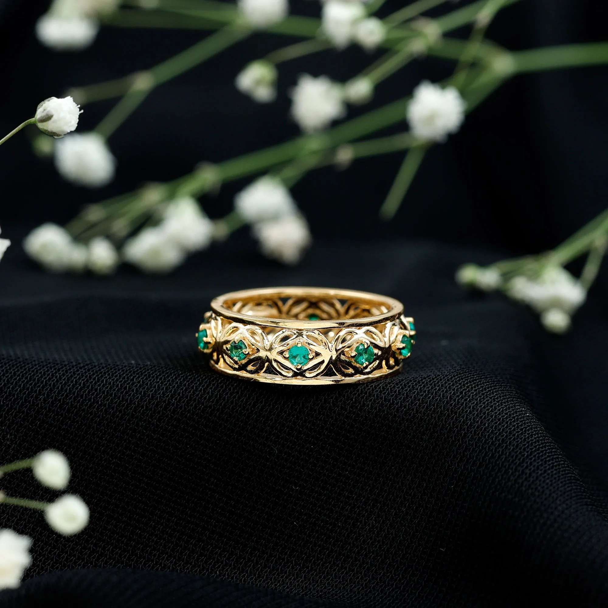 Vintage Inspired Created Emerald Celtic Eternity Band Ring