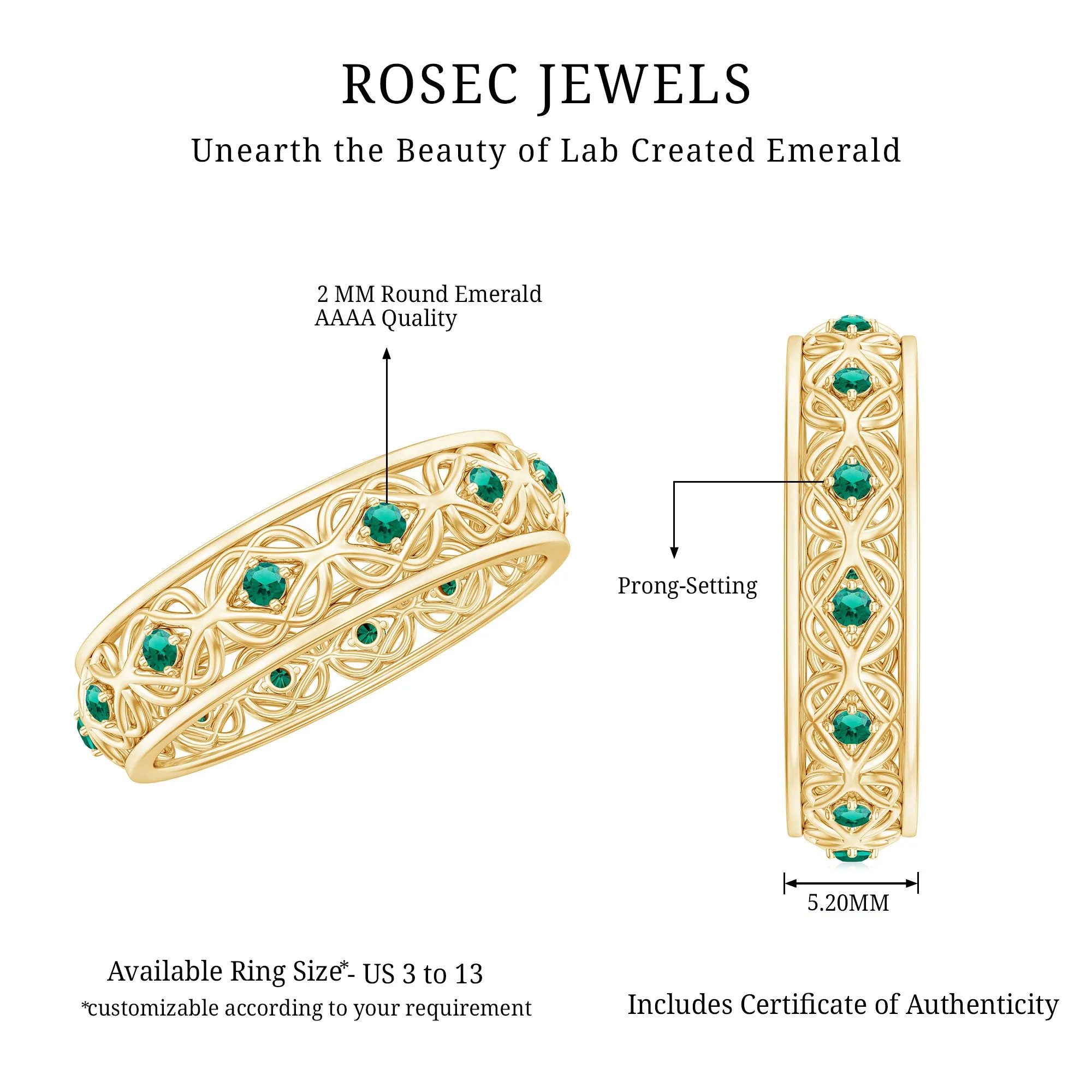 Vintage Inspired Created Emerald Celtic Eternity Band Ring