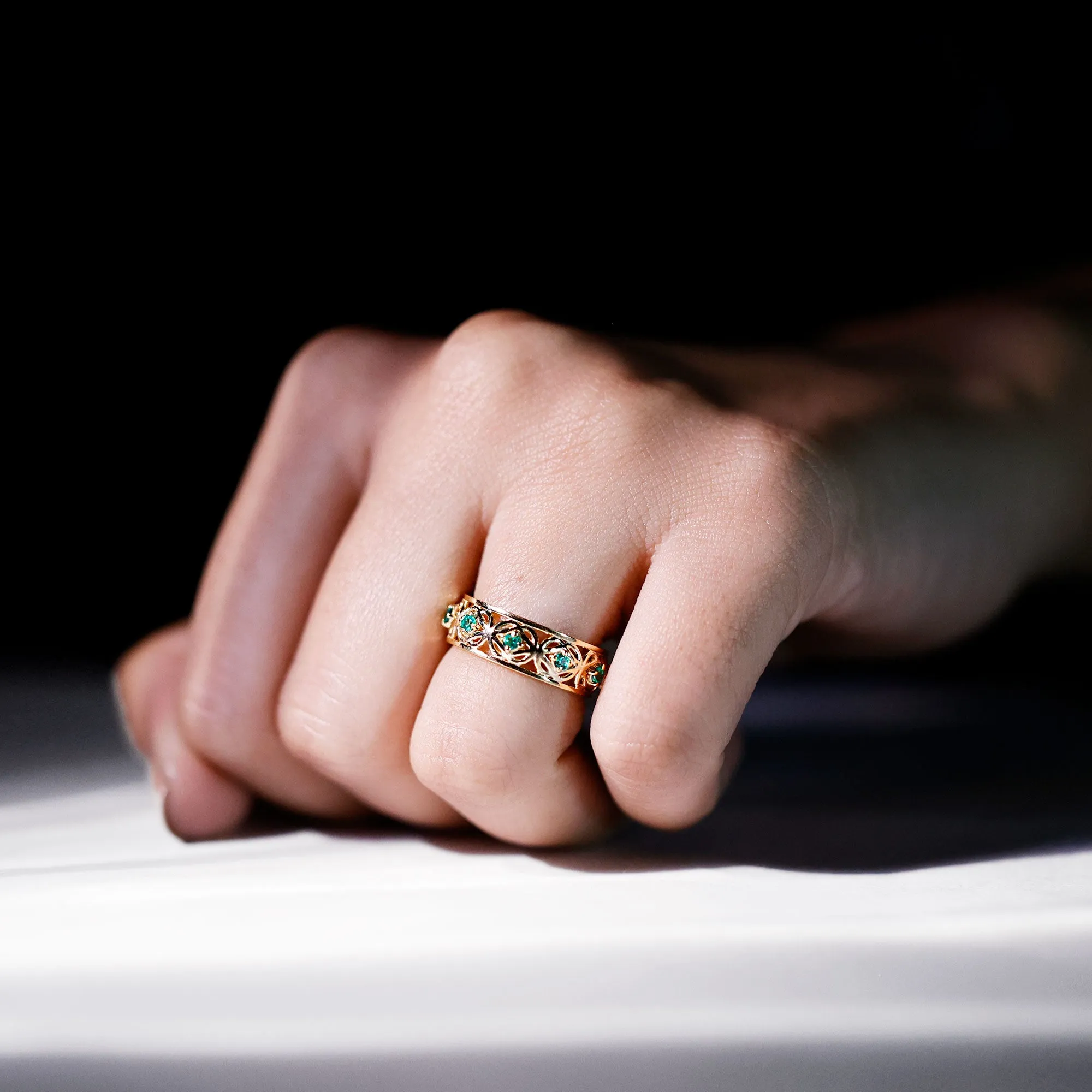 Vintage Inspired Created Emerald Celtic Eternity Band Ring