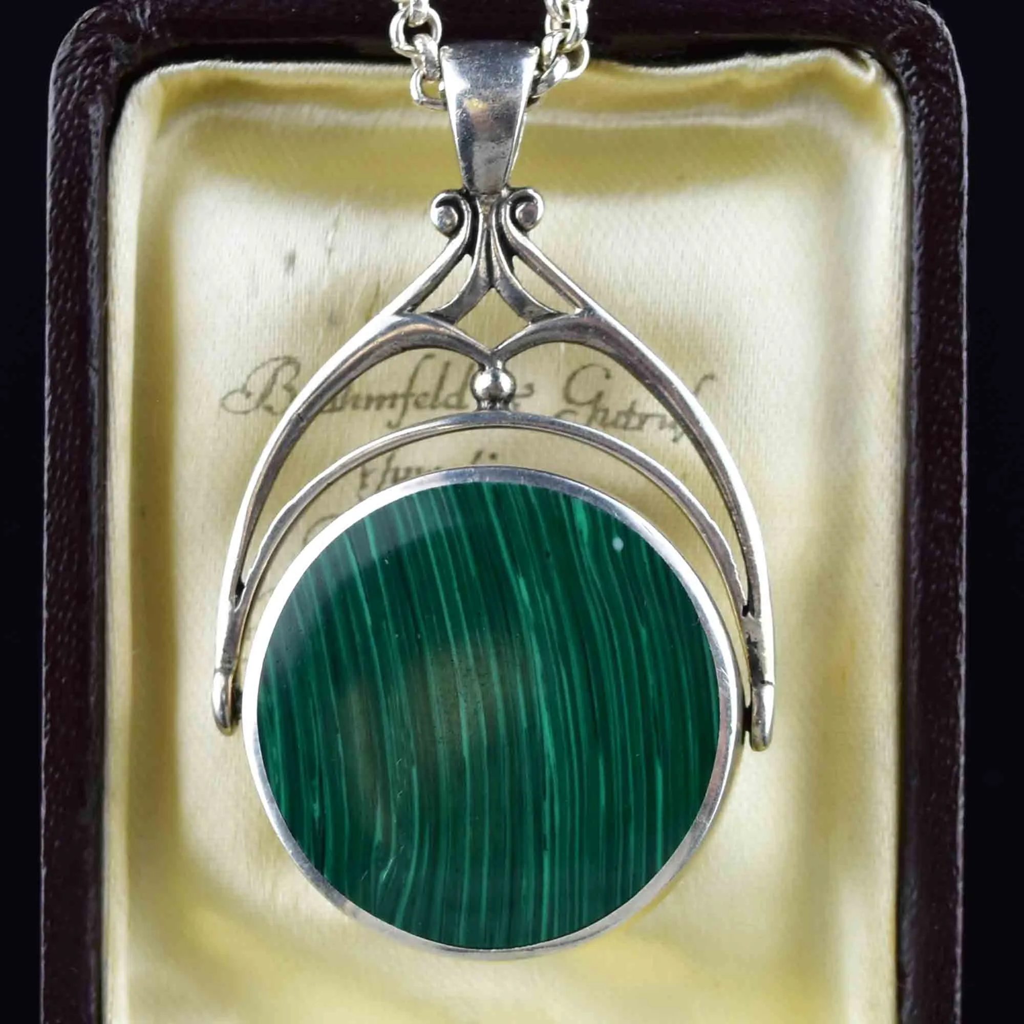 Vintage Large Silver Malachite Onyx Spinner Fob Charm Necklace