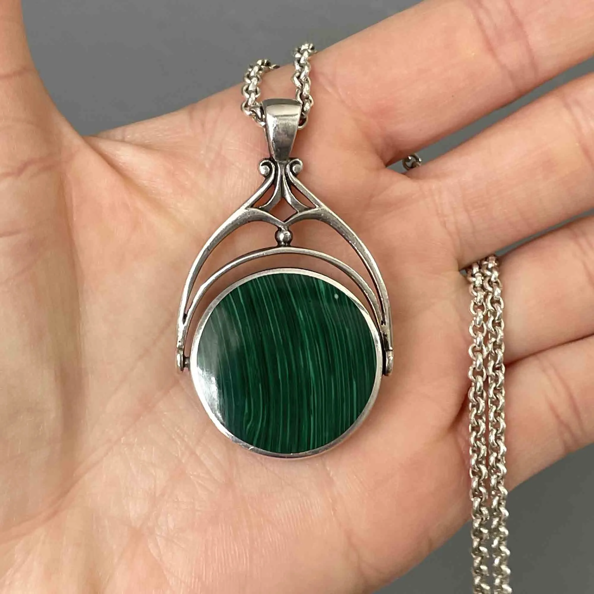 Vintage Large Silver Malachite Onyx Spinner Fob Charm Necklace