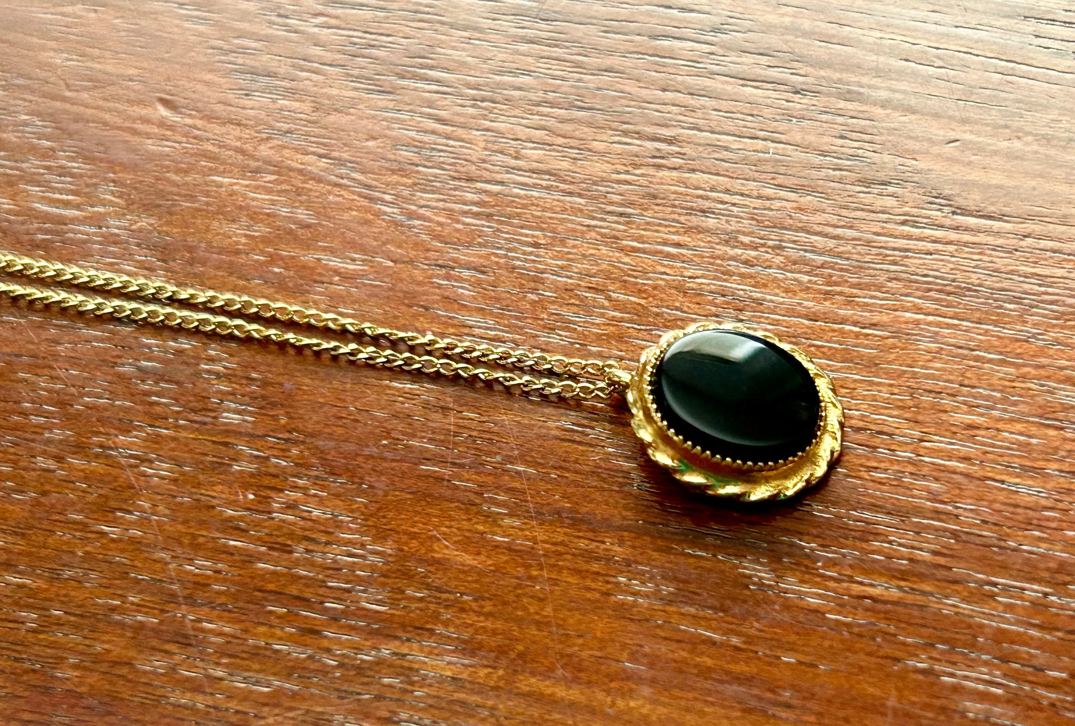 Vintage Signed KL 14k Yellow Gold Filled Chain Onyx Pendant Necklace 16" Long