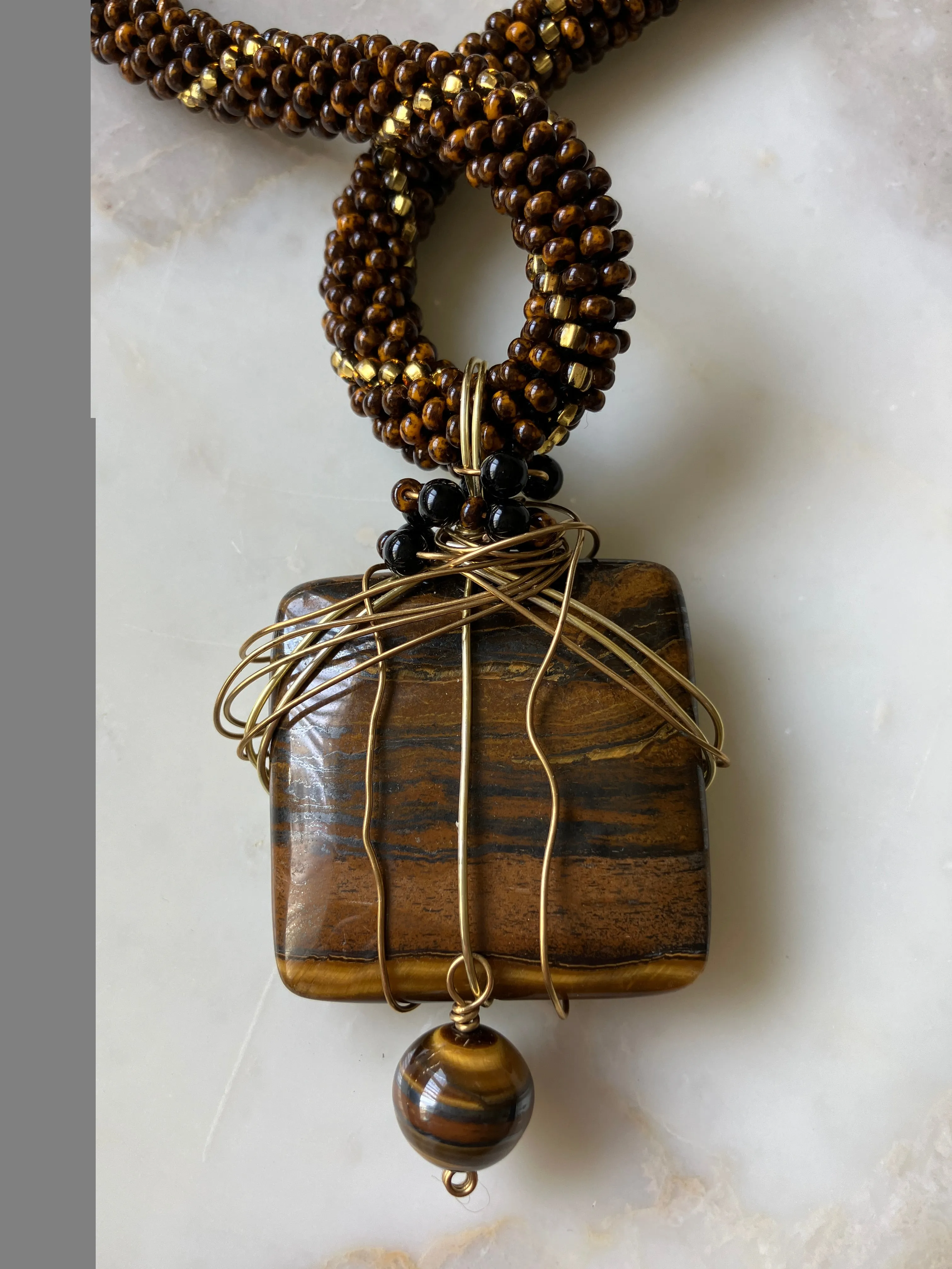 Wire Wrapped Square Tiger's Eye Pendant with Bead and Crocheted Rope