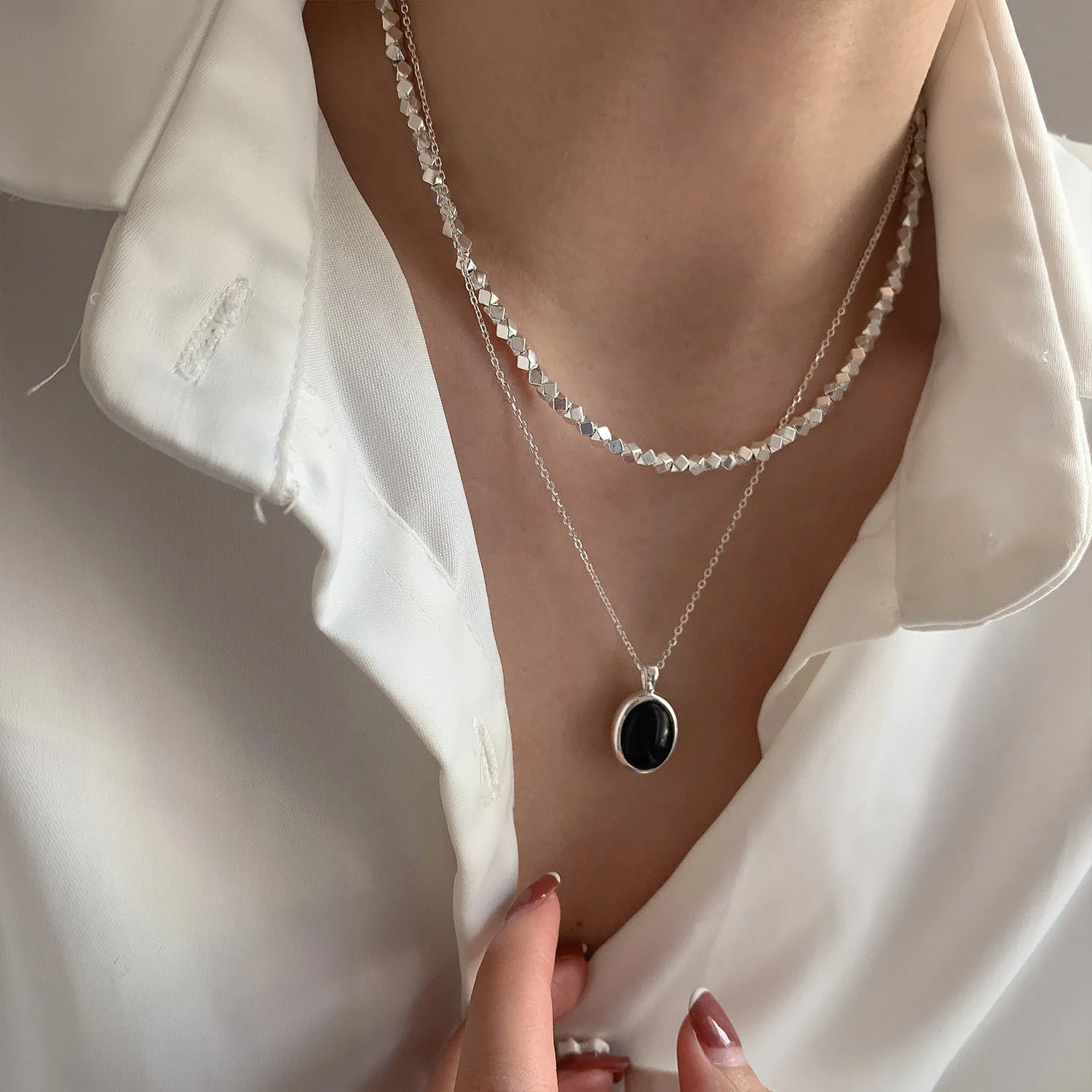 Women's Elegant Sterling Silver Black Onyx Pendant Necklace